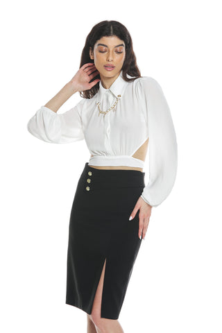 DOLLE short blouse with long puff sleeves with open back plus sash plus necklace plus pendants