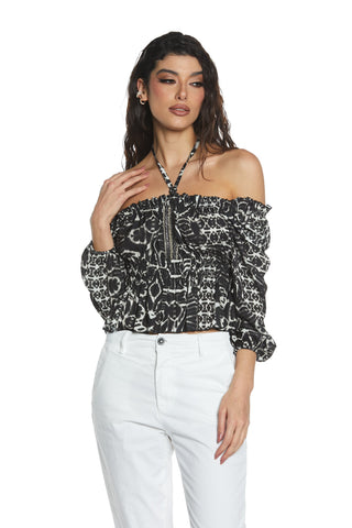 Blusa CUNHA corta m.3/4 sc.barca con laccio collo più elast. più perline f.etnica