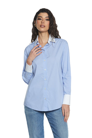 ASTERIS_A long-sleeved shirt with collar and contrasting cuffs plus striped logo embroidery