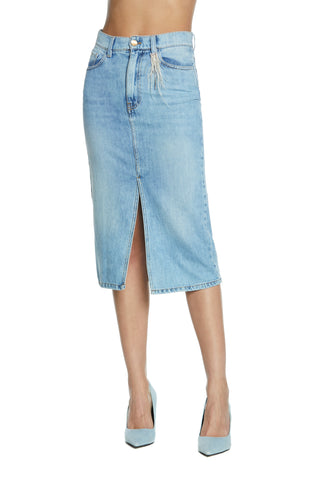 KHRISTY_2a longuette skirt 5 pockets with slit plus brooch plus feathers plus rhinestones denim blue