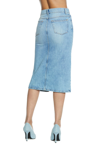 KHRISTY_2a longuette skirt 5 pockets with slit plus brooch plus feathers plus rhinestones denim blue