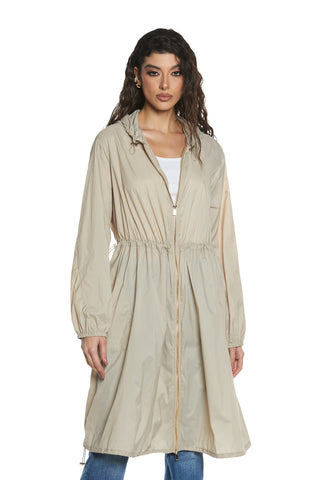 MAXIMA_TU long trench coat with long sleeves with elastic plus hood and drawstring