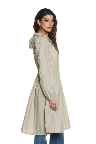 MAXIMA_TU long trench coat with long sleeves with elastic plus hood and drawstring