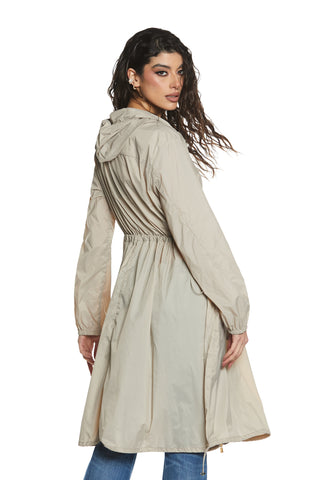 MAXIMA_TU long trench coat with long sleeves with elastic plus hood and drawstring