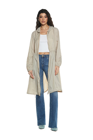 MAXIMA_TU long trench coat with long sleeves with elastic plus hood and drawstring