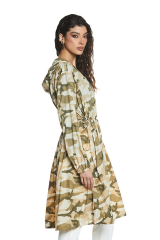 MAXIMA STAM long trench coat with long sleeves with elastic plus hood and drawstring in camouflage