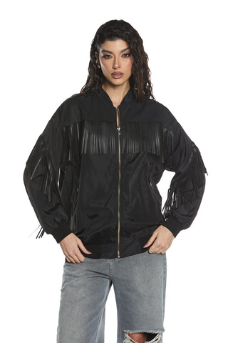 KANGRIS long sleeve bomber jacket with zip plus fringes plus pockets plus ribbed edges