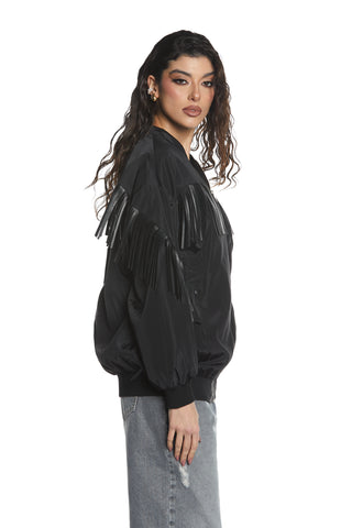 KANGRIS long sleeve bomber jacket with zip plus fringes plus pockets plus ribbed edges