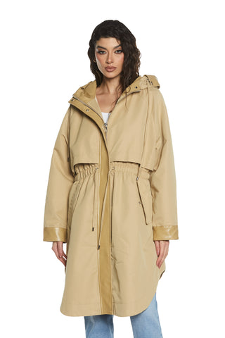 KORKA long-sleeved trench coat with panels plus hood plus eco-leather inserts plus drawstring