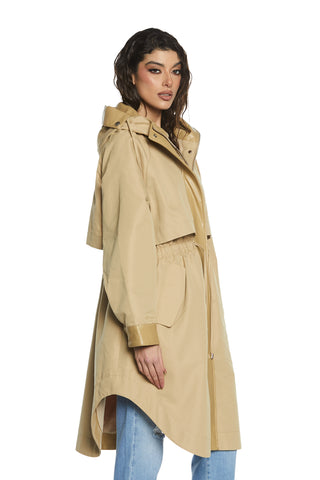 KORKA long-sleeved trench coat with panels plus hood plus eco-leather inserts plus drawstring