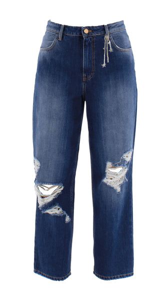 CARLA_2a trousers medium size 4 pockets with tears plus app.rhinestones baggy fit blue denim