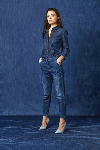 CAROL_2 medium waist chino slim fit blue denim trousers