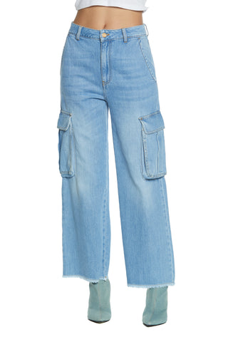 TYRA_2 high waist trousers with fringed cargo fit blue denim