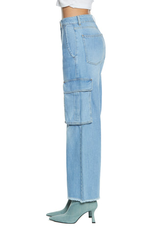 TYRA_2 high waist trousers with fringed cargo fit blue denim