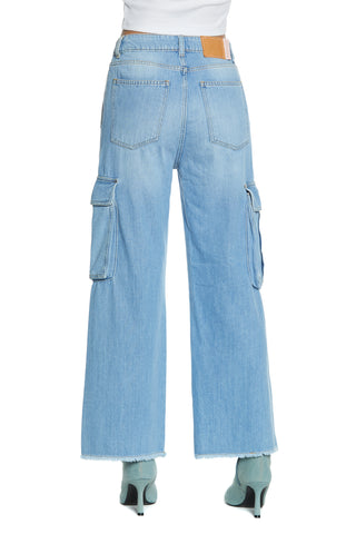 TYRA_2 high waist trousers with fringed cargo fit blue denim