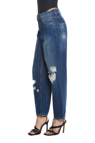 Panta CARLA_2 vita media 4 tasche  con rotture ginocchio baggy fit denim blu