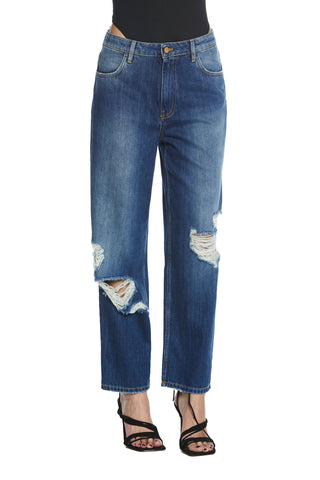 CARLA_2a trousers medium size 4 pockets with tears plus app.rhinestones baggy fit blue denim