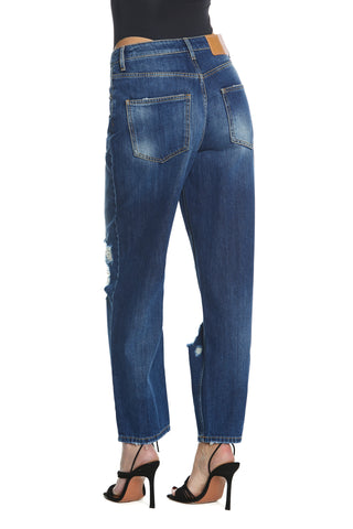 CARLA_2a trousers medium size 4 pockets with tears plus app.rhinestones baggy fit blue denim