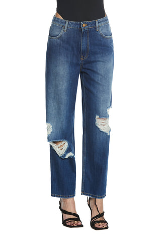 Panta CARLA_2 vita media 4 tasche  con rotture ginocchio baggy fit denim blu