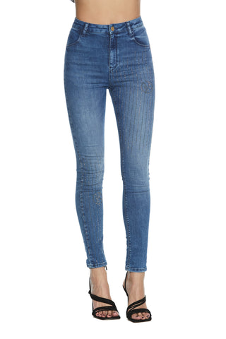 KATE_2a high-waisted 4-pocket trousers with rhinestone application slim fit denim blue