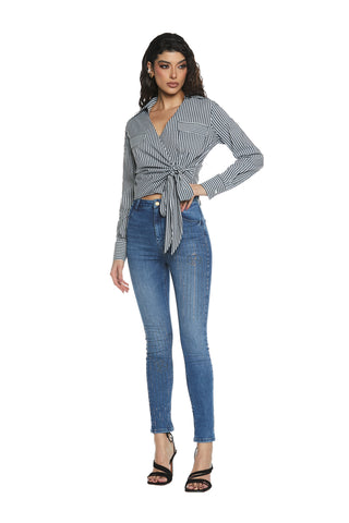 KATE_2a high-waisted 4-pocket trousers with rhinestone application slim fit denim blue