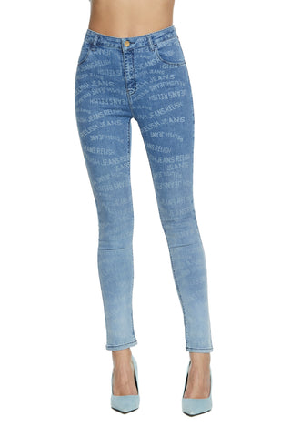 Panta KATE_2l vita alta 4tasche  stampa logo all over slim fit denim blue