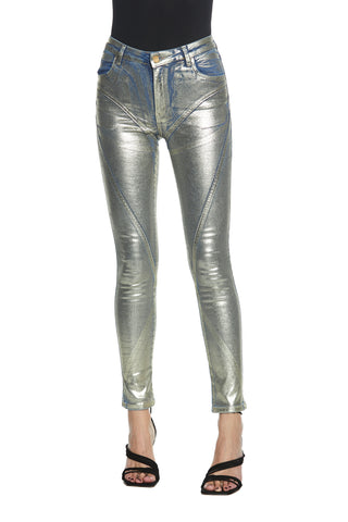 NAOMI_4 high-waisted 4-pocket trousers with push-up cuts and blue denim gold coating