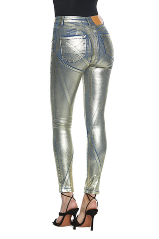 NAOMI_4 high-waisted 4-pocket trousers with push-up cuts and blue denim gold coating