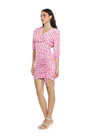 HAYAT short 3/4 m dress with cross-over balloon, zip and heart pattern drawstring