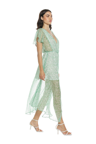 KOREANA long half-sleeved ruffle dress with crossover neckline and flower pattern slit