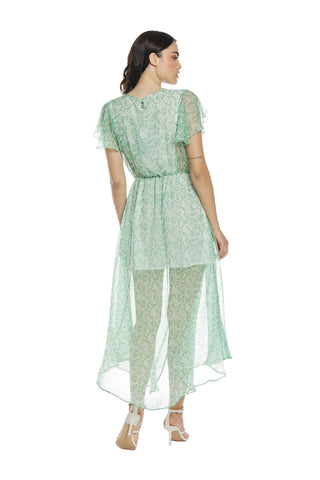 KOREANA long half-sleeved ruffle dress with crossover neckline and flower pattern slit