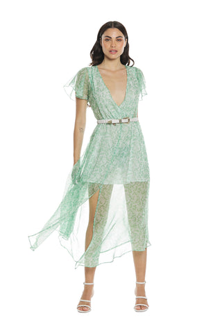 KOREANA long half-sleeved ruffle dress with crossover neckline and flower pattern slit