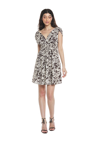 KRANDO short sleeveless double v-neck dress with smock stitch and ethnic belt