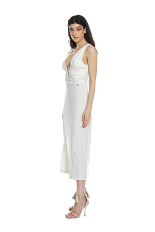 SEMHAR sleeveless midi dress with double neckline and gathered details