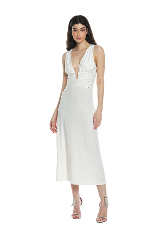 SEMHAR sleeveless midi dress with double neckline and gathered details