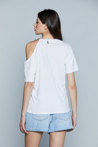 T-Shirt COSLADA M/M con Apertura Spalla più Stampa più Spilla con Pietre