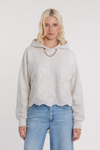 Felpa MONICAE maniche lunghe con cappuccio più catena logo più inserto pizzo con strass
