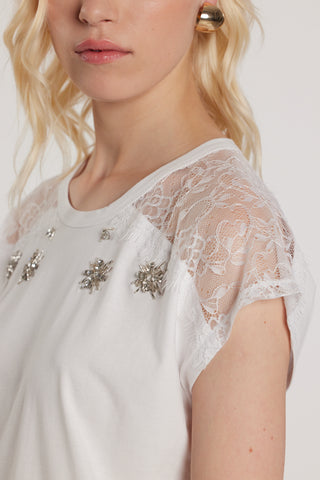 T-Shirt ANNABELLA maniche corte pizzo con applicazioni pietre