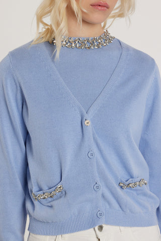 Cardigan AUDREN maniche lunghe scollo a V con bottoni più tasche più applicazioni gioiello