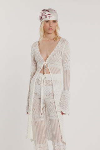 Cardigan MALIK lungo maniche lunghe con laccetto lavorazione uncinetto