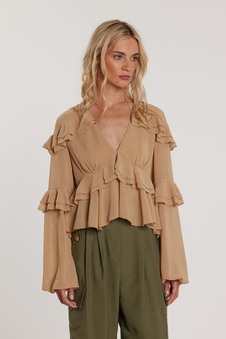 Blusa URSULAS maniche lunghe palloncino con rouches scollo a V con balze