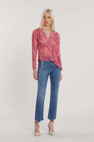 Blusa CARHOL maniche lunghe con pieghe scollo incrocio più pannello fantasia rose