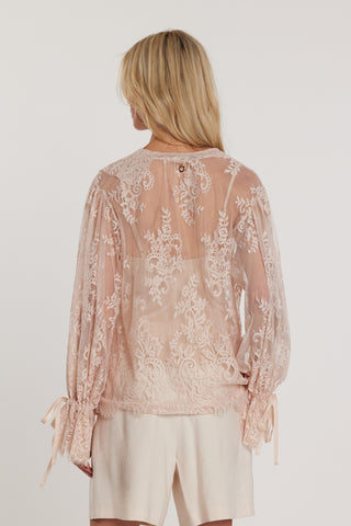 Camicia ZENN maniche lunghe con coulisse scollo a V più volant pizzo