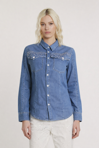 Camicia EVA_20 maniche lunghe con tasche più applicazioni strass patte slim fit denim blu