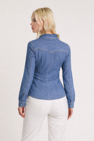 Camicia EVA_20 maniche lunghe con tasche più applicazioni strass patte slim fit denim blu