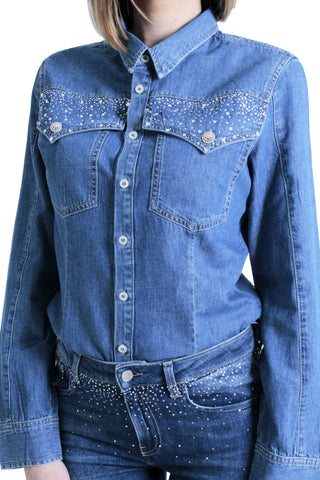 Camicia EVA_20 maniche lunghe con tasche più applicazioni strass patte slim fit denim blu