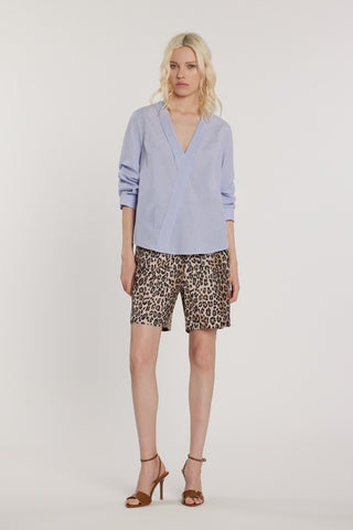 Blusa CLERYS maniche tre quarti effetto arricciato scollo incrocio con risvolto righe