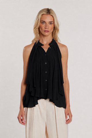 Camicia MARYONN smanicata collo coreano con gale più bordi sfrangiati