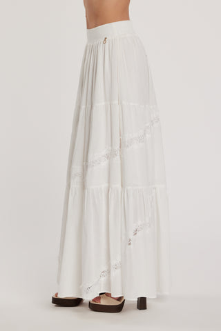 Gonna NELOPE lunga vita alta con elastico più balze più inserti pizzo