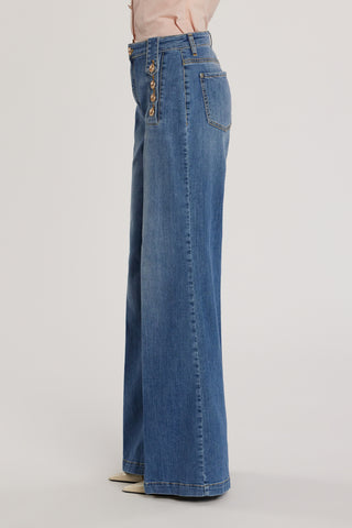 Pantalone PALENCIA_B vita alta palazzo con passanti a punta più dettagli bottoni denim